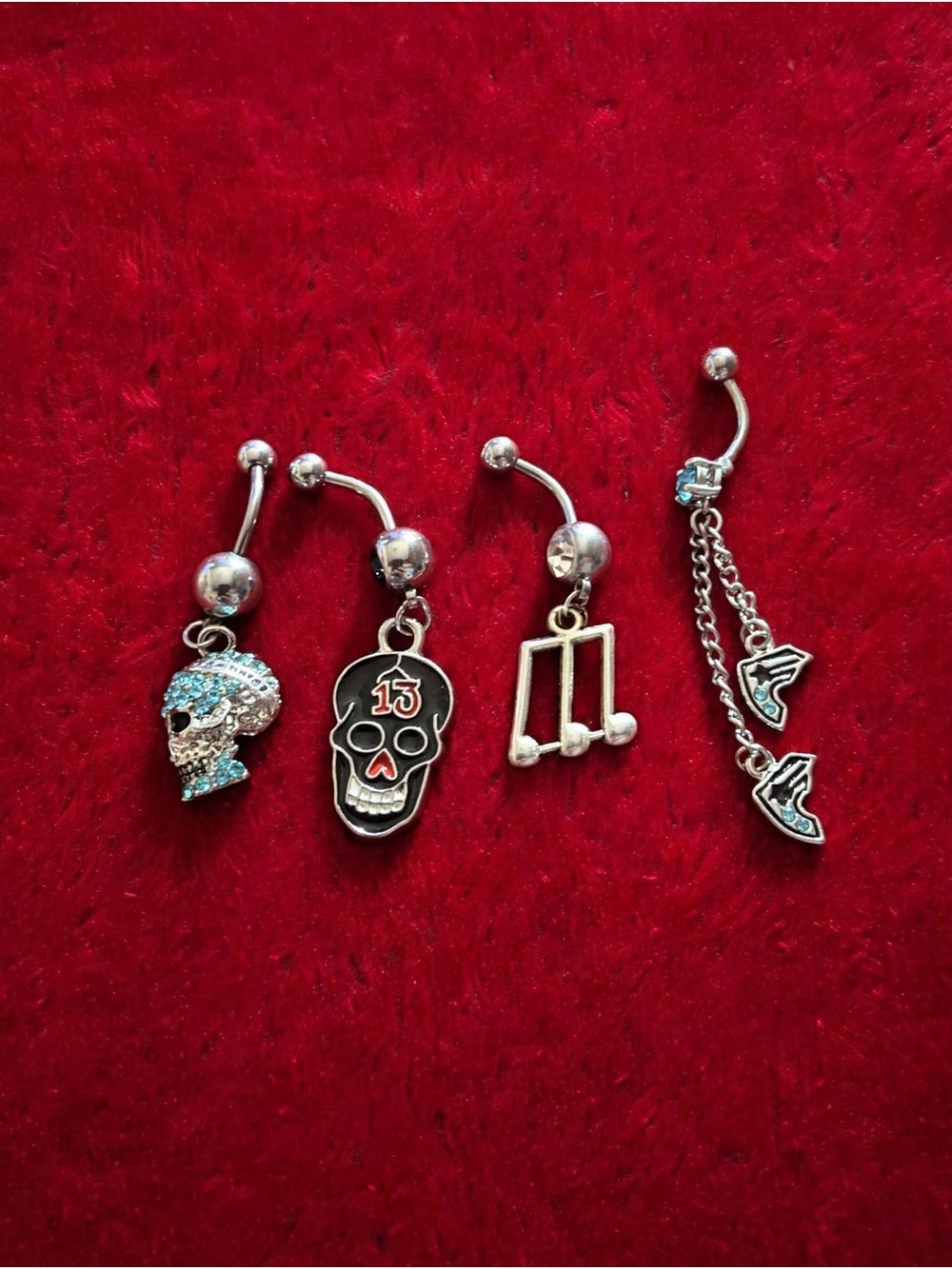 Silver Tone Skull and Musical Dangle Belly Button Rings - Black & Silver